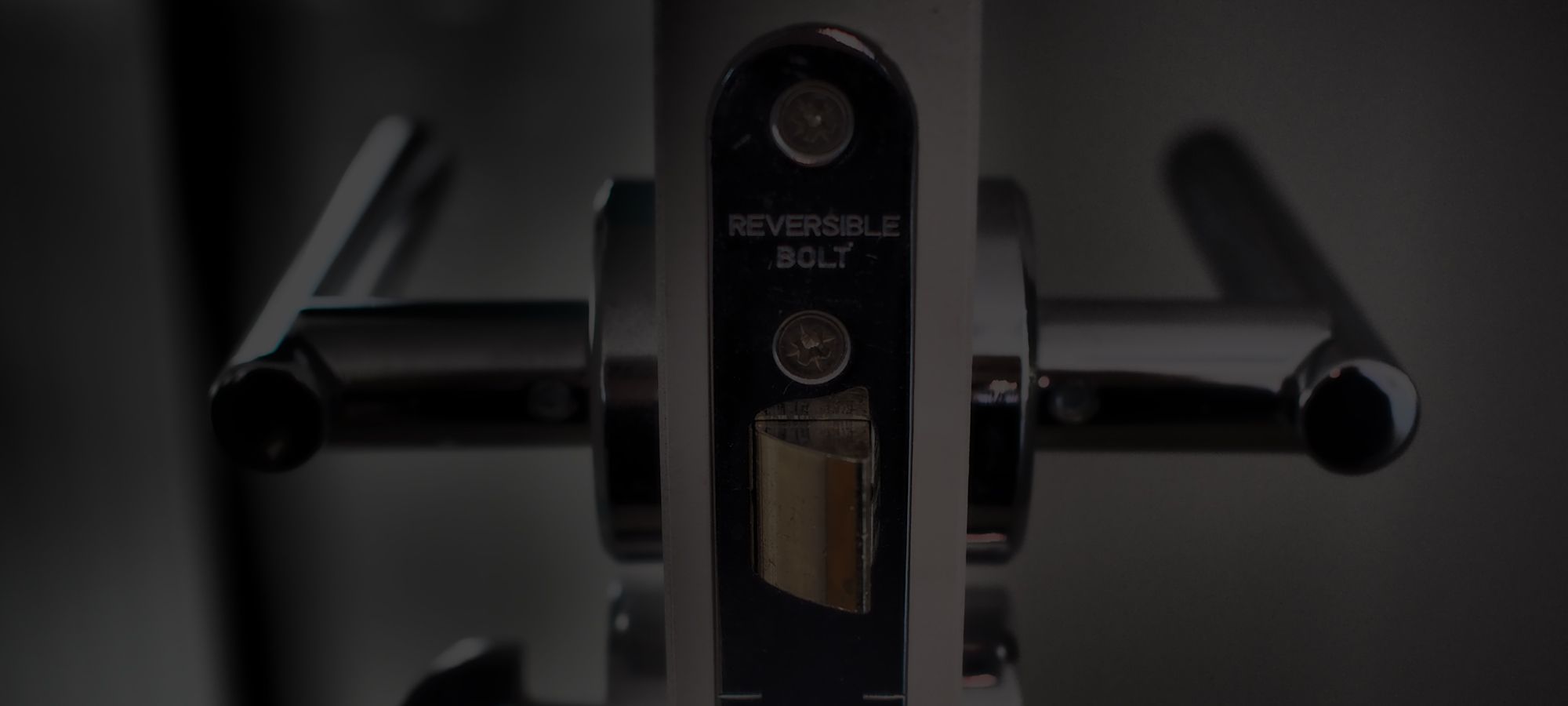 Nahaufnahme eines silbernen Türschlosses mit der Aufschrift REVERSIBLE BOLT über einer goldenen Falle